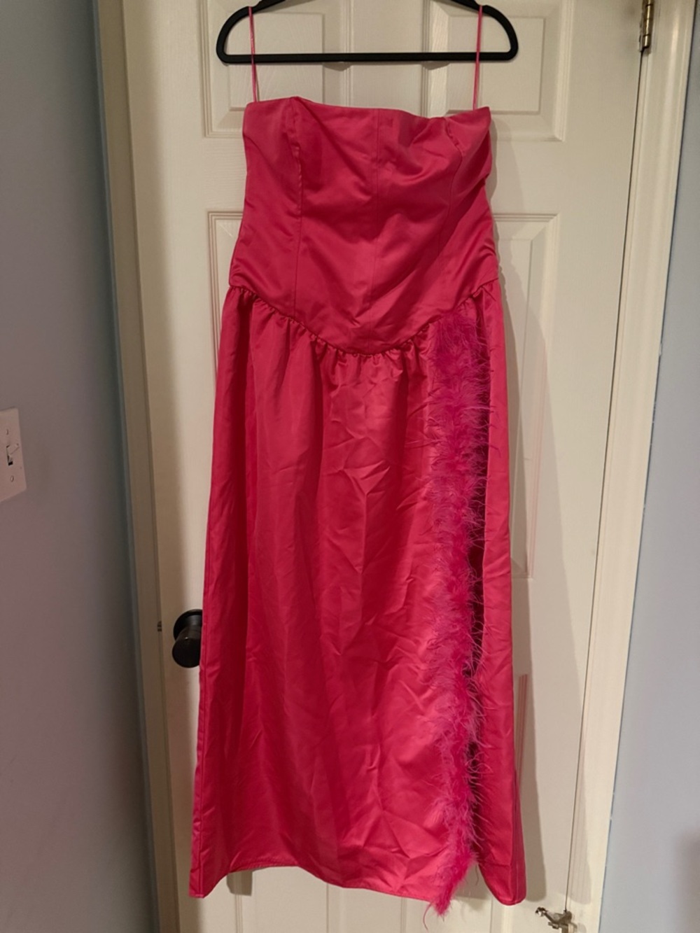WeWoreWhat Hot Pink Satin Strapless Dress Feather Accent mob wife romantic prom